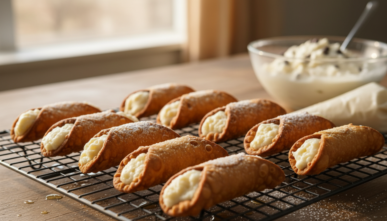 découvrez les cannoli dorés au four garnis d'une crème pâtissière vanille onctueuse, une douceur maison élégante à savourer en toute occasion.
