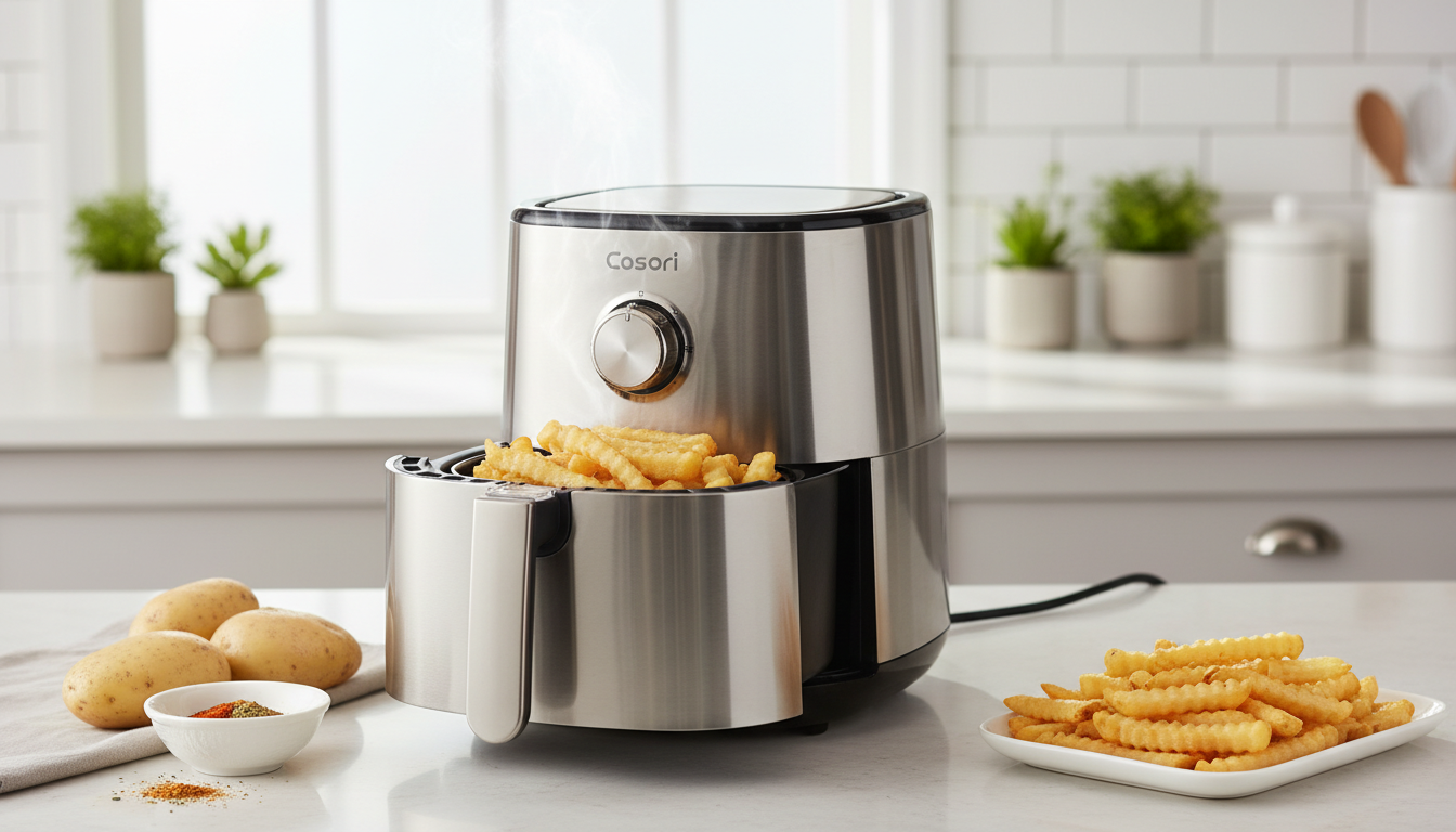 découvrez le cosori iconic single, un airfryer en inox qui vous permet de préparer des frites savoureuses et plus saines en toute simplicité.