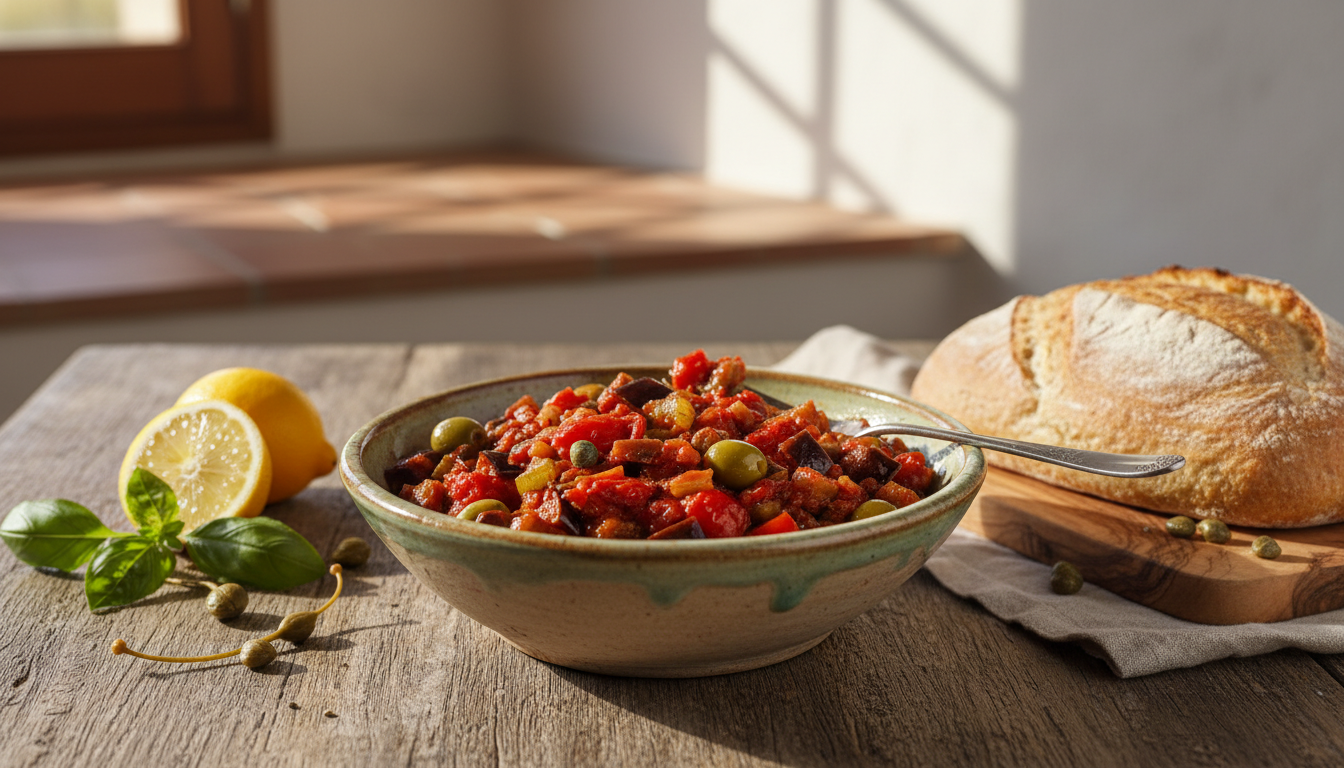 savourez la caponata sicilienne maison, un délice ensoleillé et gourmand qui évoque les saveurs de vacances inoubliables.