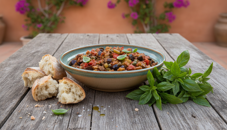 savourez la caponata sicilienne maison, ce plat coloré et gourmand qui évoque le soleil et les saveurs de l'été, parfait pour prolonger vos envies de vacances.