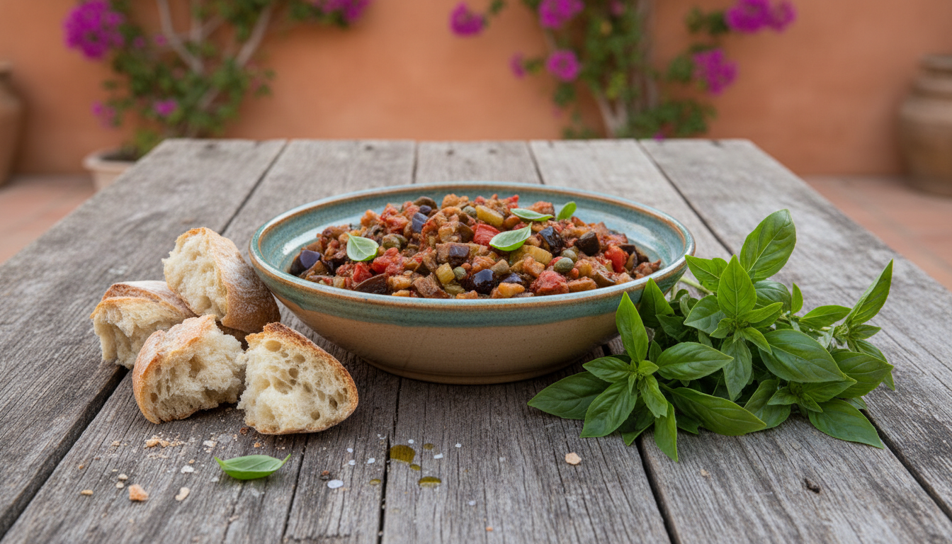 savourez la caponata sicilienne maison, ce plat coloré et gourmand qui évoque le soleil et les saveurs de l'été, parfait pour prolonger vos envies de vacances.