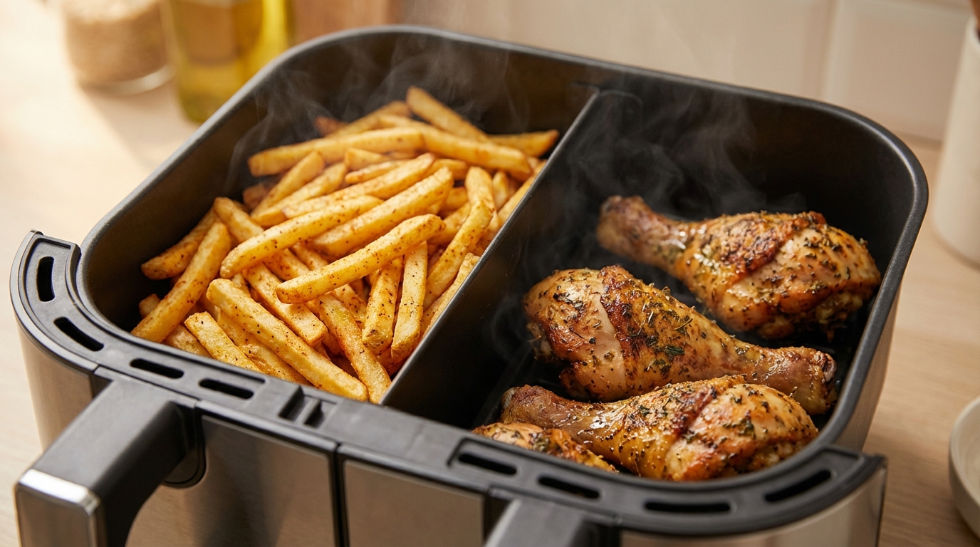découvrez la friteuse xxl double compartiment de 12l, idéale pour cuisiner deux plats simultanément avec rapidité et efficacité. parfaite pour gagner du temps en cuisine !