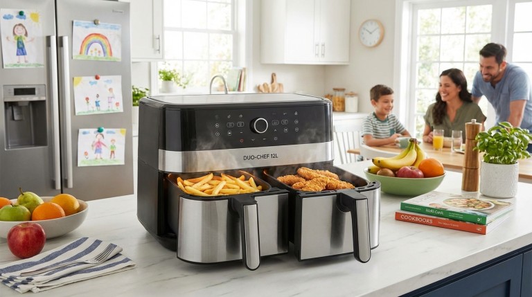 découvrez la friteuse xxl de 12l avec double compartiment pour cuisiner deux plats simultanément, rapidement et efficacement. idéale pour faciliter vos repas en famille ou entre amis.