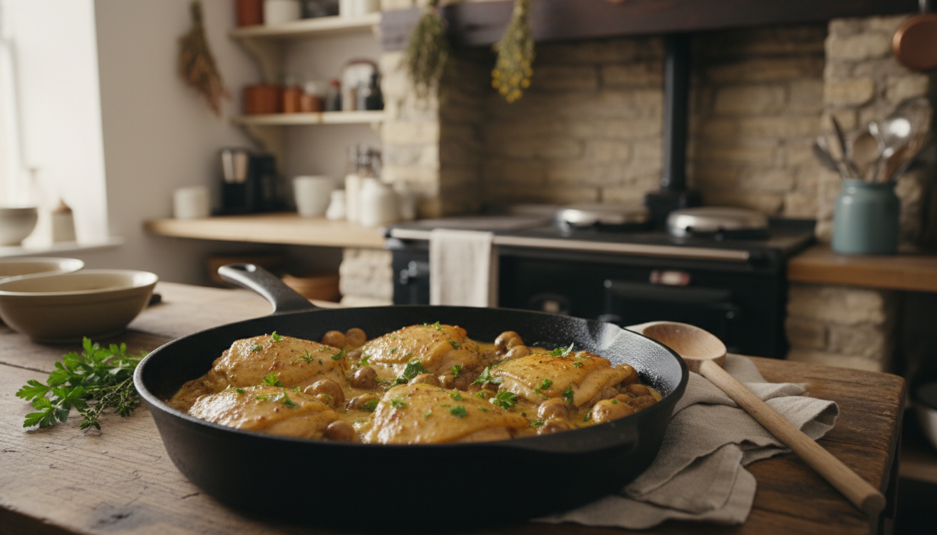 savourez un poulet crémeux maison à la moutarde, une recette simple et gourmande pour un déjeuner riche en saveurs et en douceur.