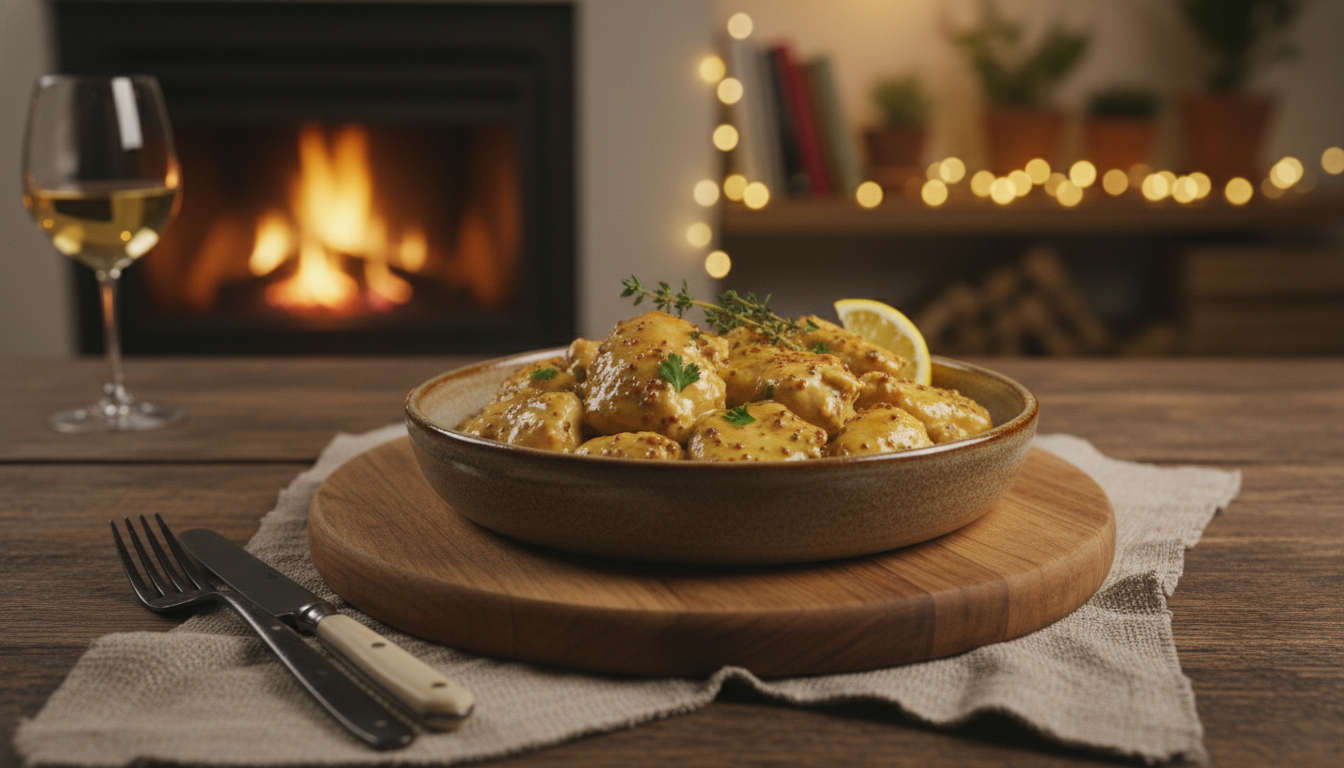 savourez un délicieux poulet crémeux maison à la moutarde, une recette facile et gourmande qui ravira vos papilles pour un déjeuner parfait.