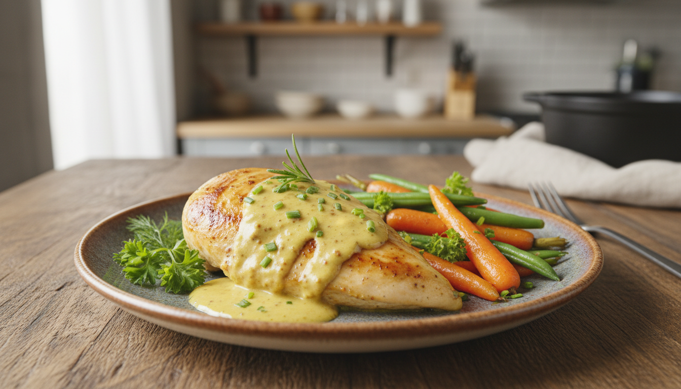 savourez un poulet crémeux maison à la moutarde, une recette gourmande et facile pour un déjeuner riche en saveurs et en douceur.