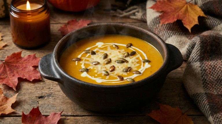 savourez l'automne avec notre soupe épicée de potiron crémeuse au fromage, un délice réconfortant aux saveurs chaleureuses et gourmandes.