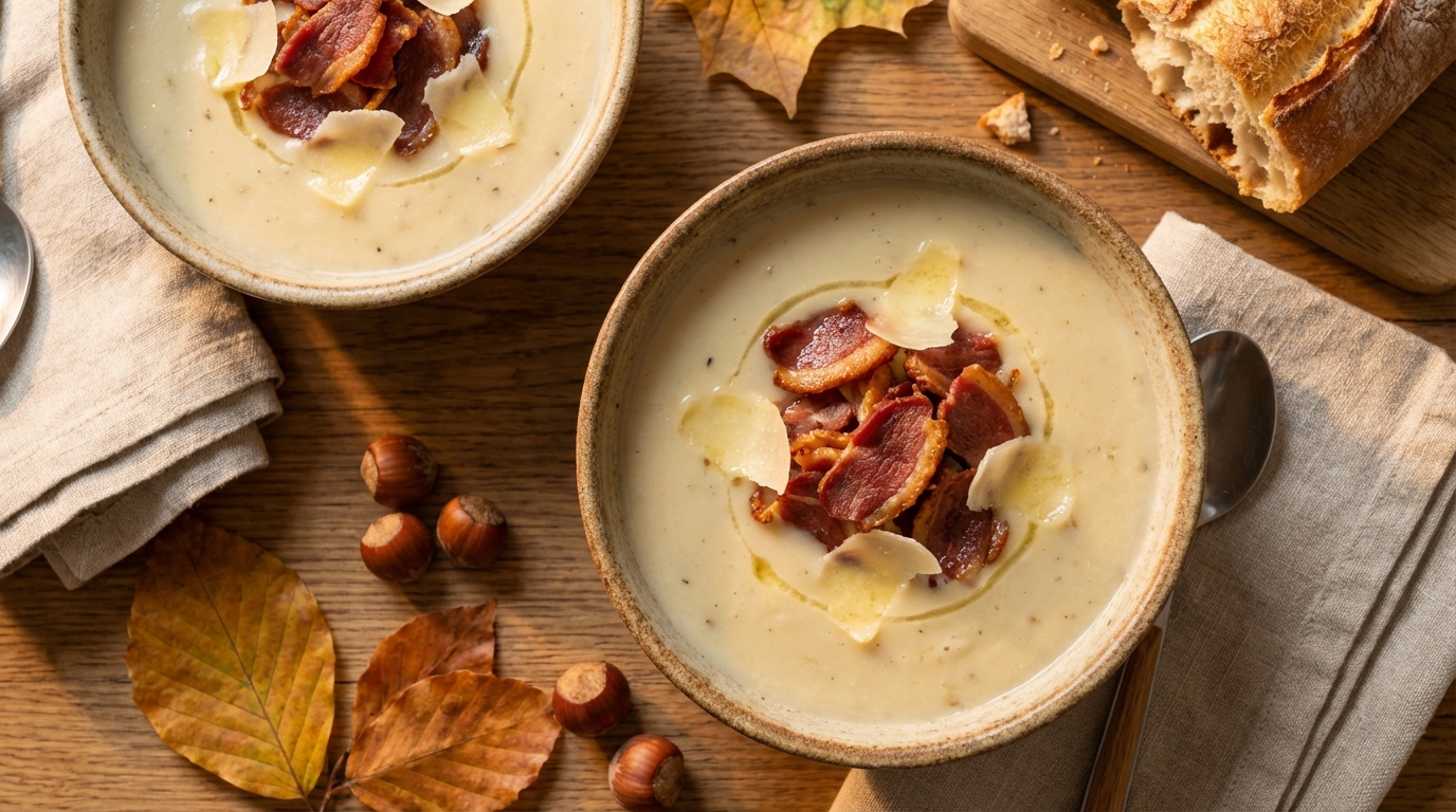 savourez un velouté de topinambours onctueux, relevé par des chips croustillantes de magret séché et un fromage fondant, pour un délice automnal réconfortant et gourmet.