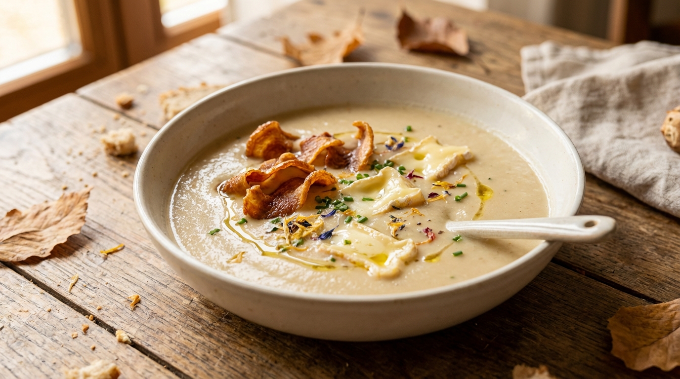 savourez l'automne avec notre velouté de topinambours onctueux, agrémenté de chips croustillantes de magret séché et de fromage fondant pour une explosion de saveurs réconfortantes.