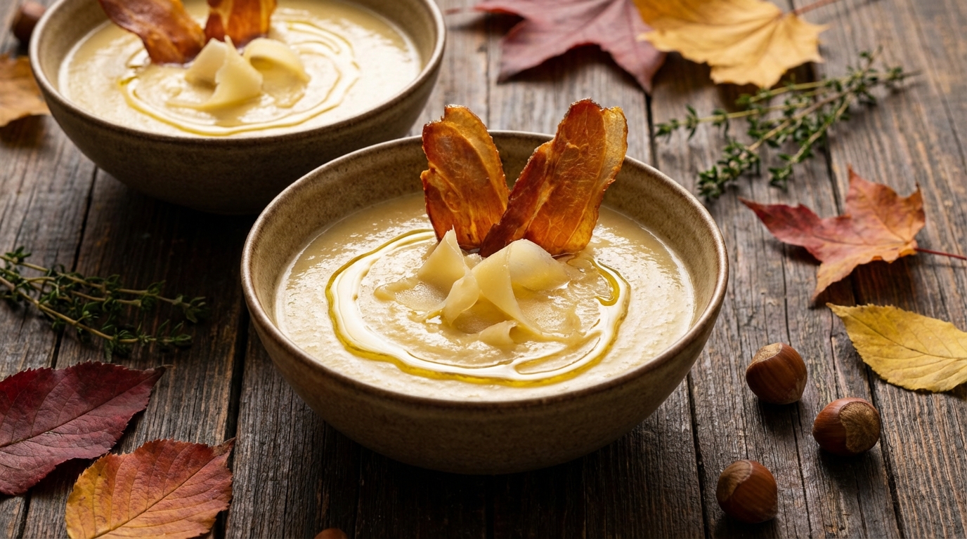 savourez un velouté de topinambours crémeux, rehaussé de chips croquantes de magret séché et de fromage fondant, une recette automnale gourmande et réconfortante.