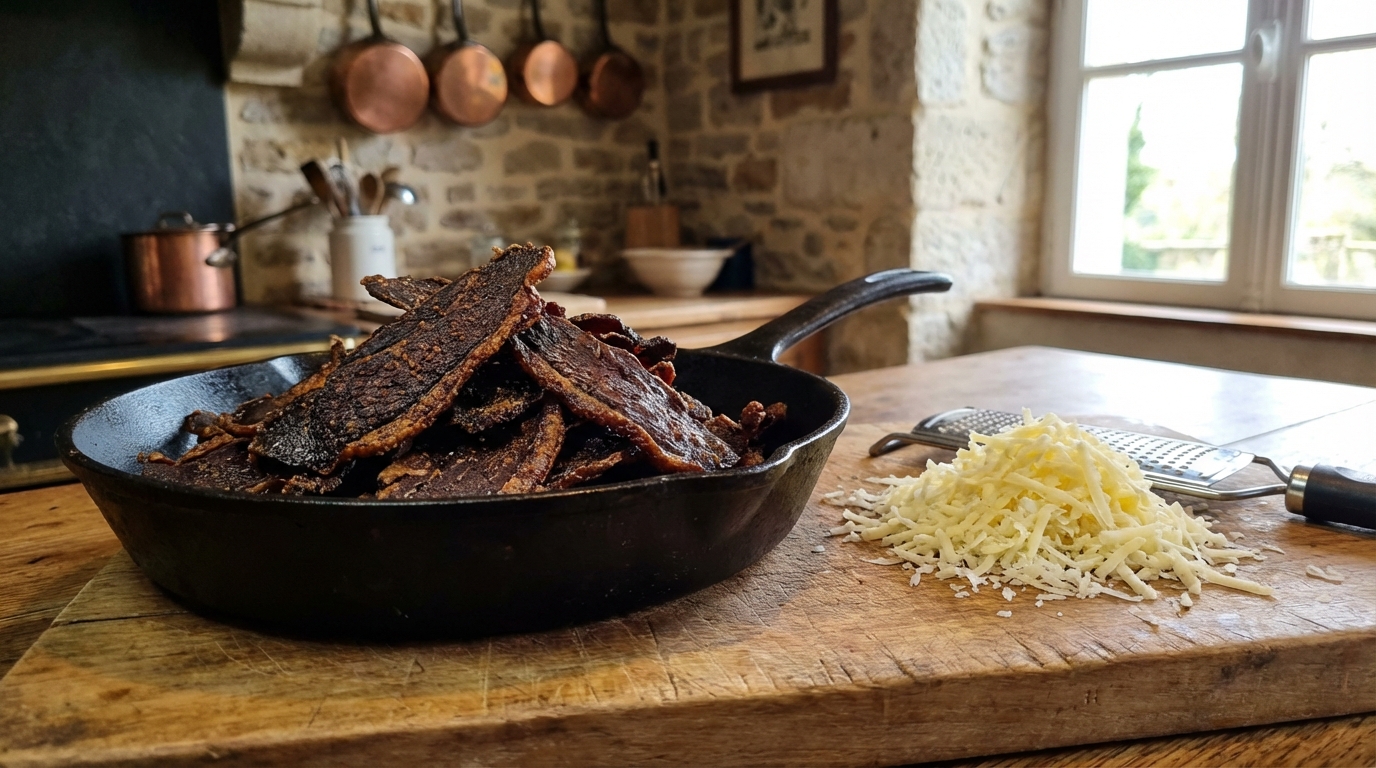 savourez un velouté de topinambours onctueux, rehaussé par des chips croquantes de magret séché et un fromage fondant pour un délice automnal unique et réconfortant.