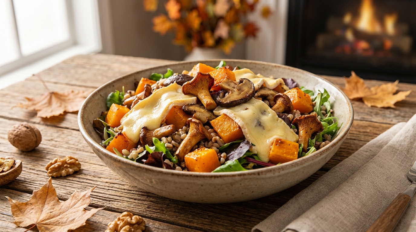découvrez notre salade gourmande automnale alliant la douceur du butternut, le goût savoureux des champignons et le fondant du fromage pour un repas sain et réconfortant.