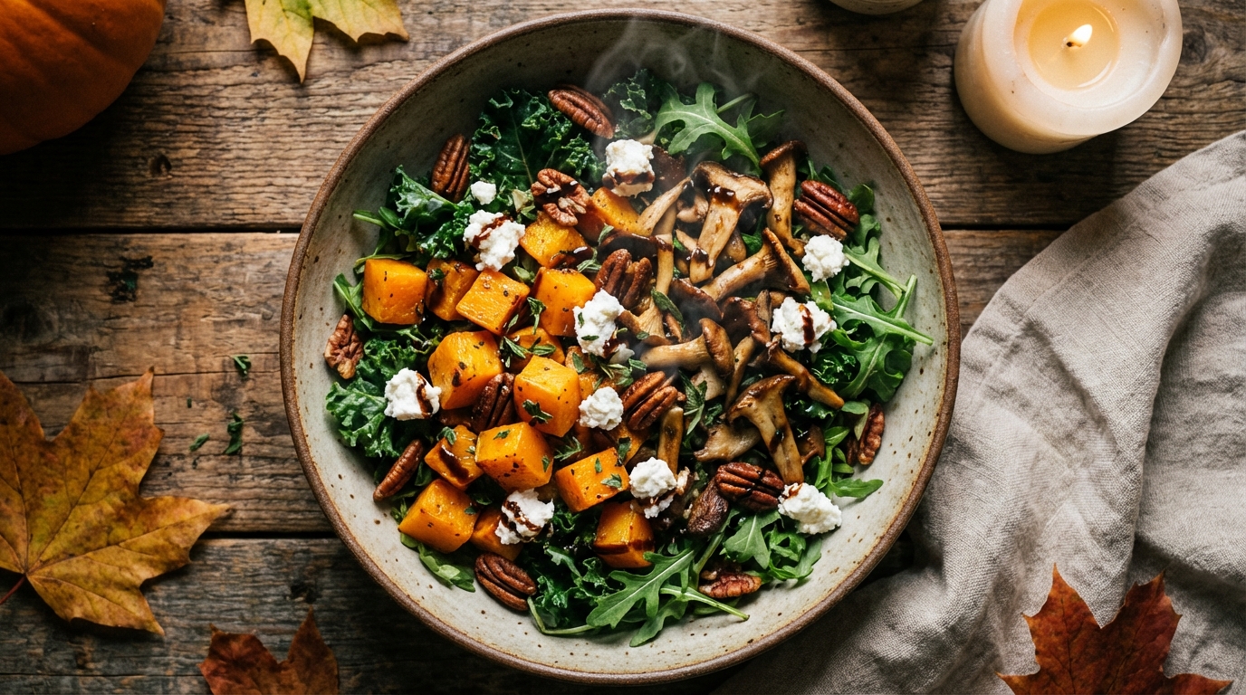 découvrez notre salade gourmande d'automne alliant la douceur du butternut, la richesse des champignons et le fondant du fromage pour un délice savoureux et réconfortant.