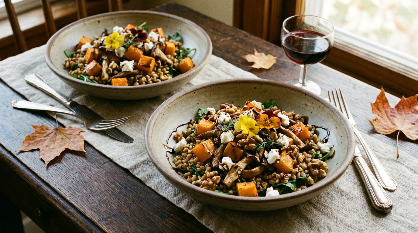 découvrez notre salade gourmande d'automne alliant la douceur du butternut, la richesse des champignons et le fondant du fromage pour un repas savoureux et réconfortant.
