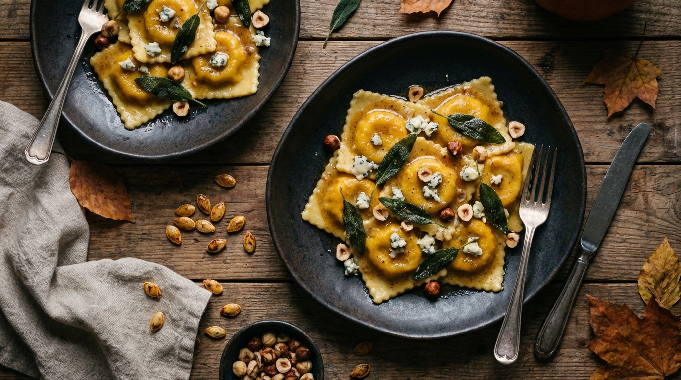 savourez l'automne avec nos raviolis au potimarron et fromage bleu, une recette gourmande et raffinée pour éveiller vos papilles.
