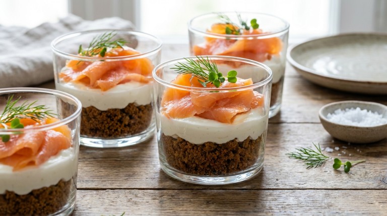 découvrez notre recette gourmande de verrines au saumon fumé, pain d’épices et fromage frais, pour une explosion de saveurs raffinées et une présentation élégante.