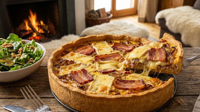 découvrez une quiche au fromage à raclette fondante et savoureuse, parfaite pour les gourmands en quête d'un plat réconfortant et original.