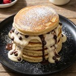 savourez nos pancakes moelleux garnis d'une crème de fromage frais onctueuse et parsemés d'éclats de chocolat fondant pour un petit-déjeuner gourmand et irrésistible.