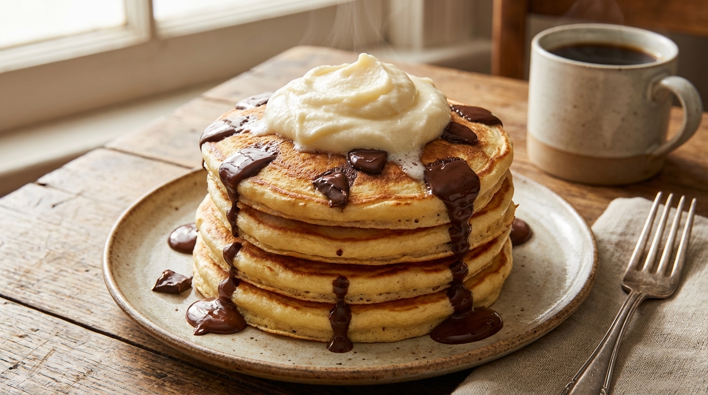 savourez des pancakes moelleux garnis de crème de fromage frais onctueuse et parsemés d'éclats de chocolat fondant pour un petit-déjeuner gourmand et irrésistible.