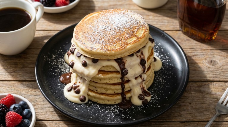 savourez nos pancakes moelleux garnis d'une crème de fromage frais onctueuse et parsemés d'éclats de chocolat fondant pour un petit-déjeuner gourmand et irrésistible.