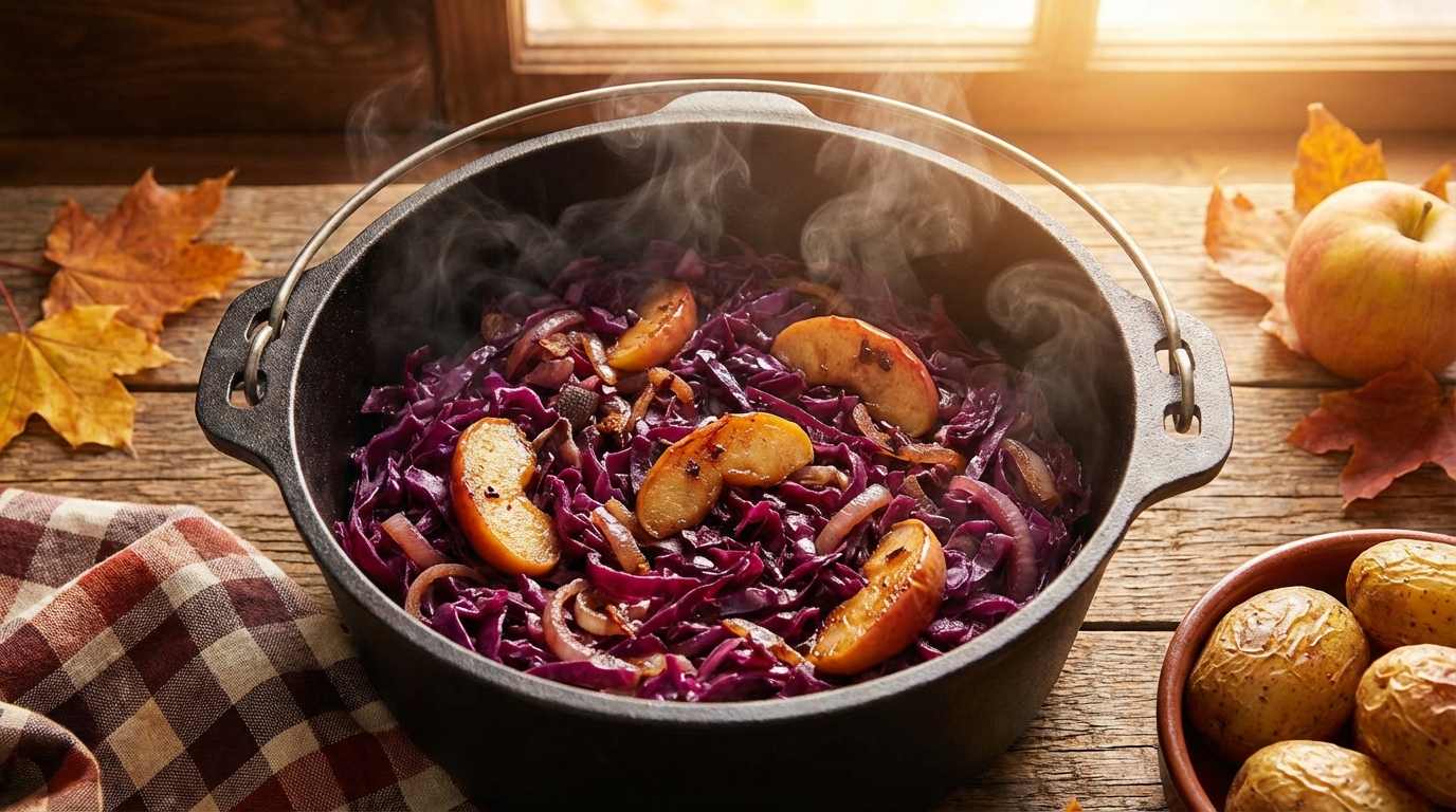 découvrez notre recette gourmande et équilibrée de chou rouge mijoté à la pomme et au vin rouge, un délice sain parfait pour vos repas.