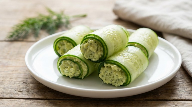 découvrez une recette raffinée et légère : des roulés de concombre frais garnis d'un caviar d'avocat onctueux, pour une entrée saine et gourmande.