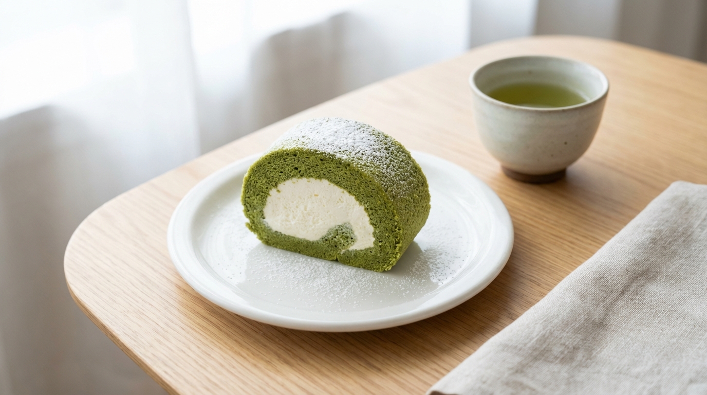 découvrez nos roulés au matcha délicieusement légers, garnis d'une crème onctueuse à la vanille pour un dessert exquis et raffiné.