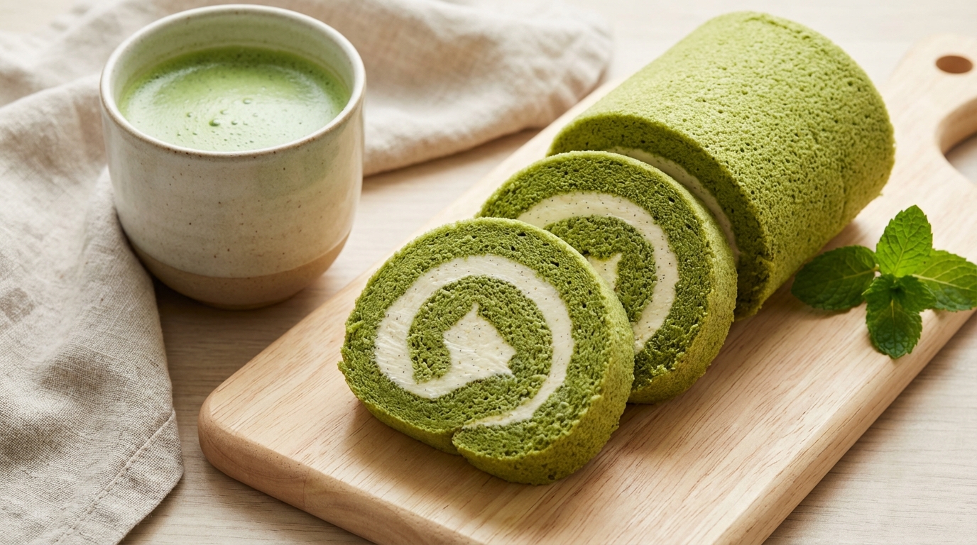 découvrez nos roulés légers au matcha, garnis d'une crème onctueuse à la vanille pour une gourmandise saine et savoureuse.