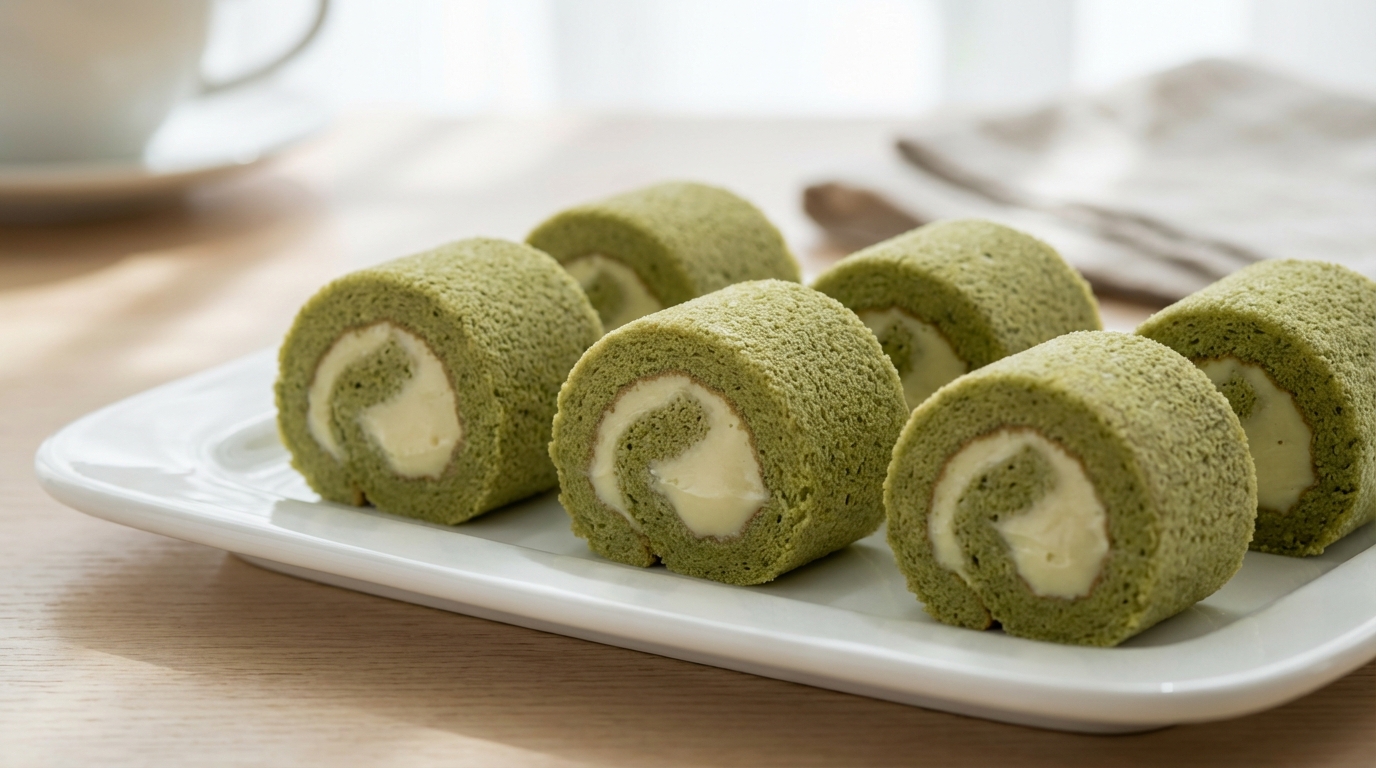 découvrez nos roulés au matcha délicatement parfumés, garnis d'une crème onctueuse à la vanille pour un dessert léger et savoureux.