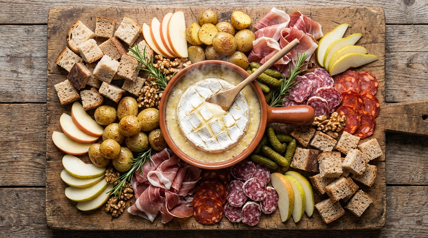découvrez notre délicieuse fondue au camembert, rehaussée d'une touche subtile de cidre pour une saveur unique et gourmande.