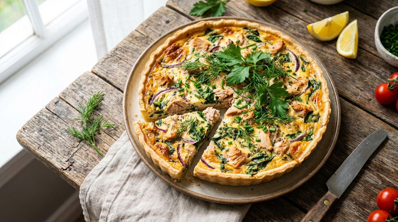 découvrez notre délicieuse quiche légère au thon, parfumée aux herbes fraîches, parfaite pour un repas savoureux et équilibré.