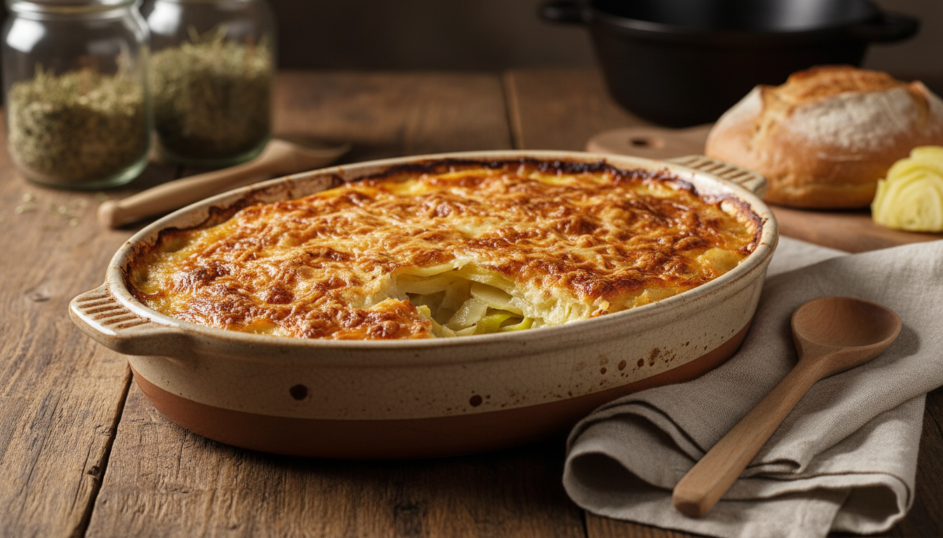 savourez un gratin de pommes de terre aux poireaux, un plat rustique et réconfortant qui réchauffe vos repas d'hiver avec tradition et gourmandise.