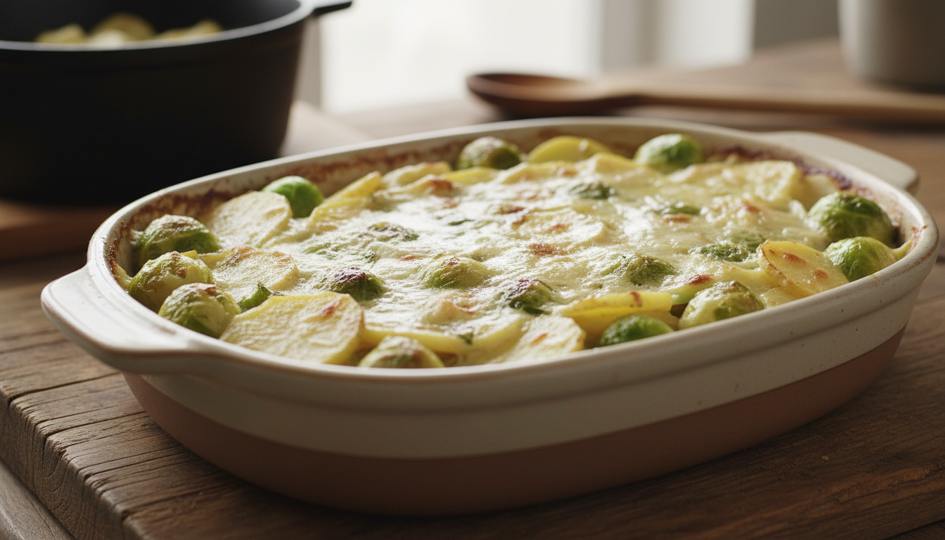découvrez notre recette de gratin hivernal aux choux de bruxelles et pommes de terre, avec une cuisson préparatoire qui sublime ce plat classique et réconfortant, idéal pour les soirées d'hiver.