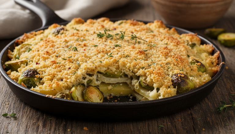 découvrez le gratin hivernal de choux de bruxelles et pommes de terre, avec une cuisson préparatoire qui révèle toutes les saveurs de ce plat classique et réconfortant.