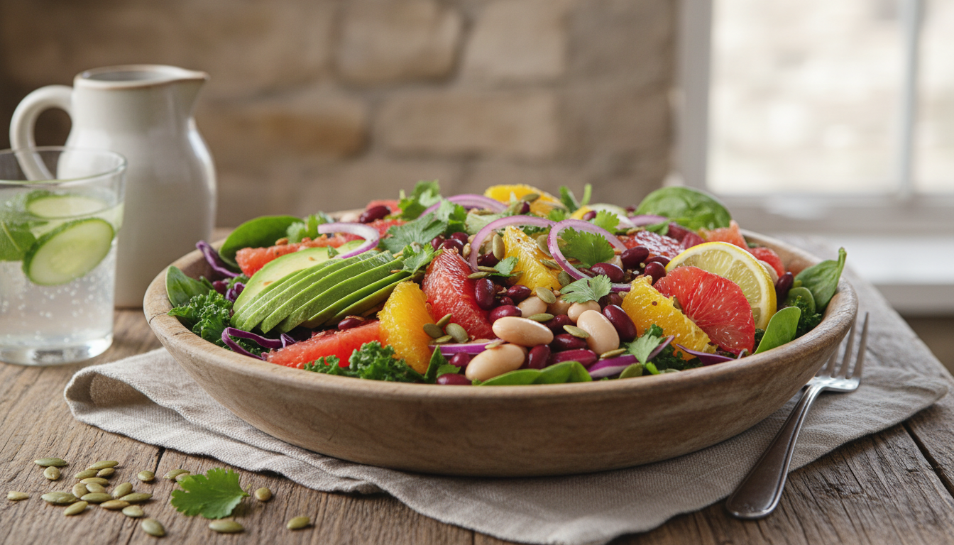découvrez une salade bien-être savoureuse alliant haricots, agrumes et avocat pour détoxifier les excès des fêtes tout en se régalant.