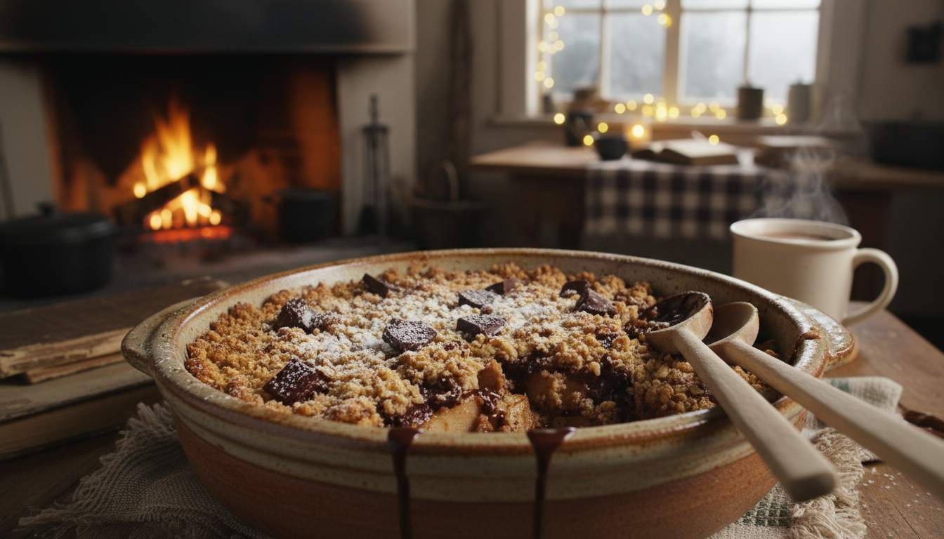 découvrez le crumble poires-chocolat fondant, un dessert hivernal incontournable qui allie douceur et tradition, inspiré des recettes réconfortantes de grand-mère.