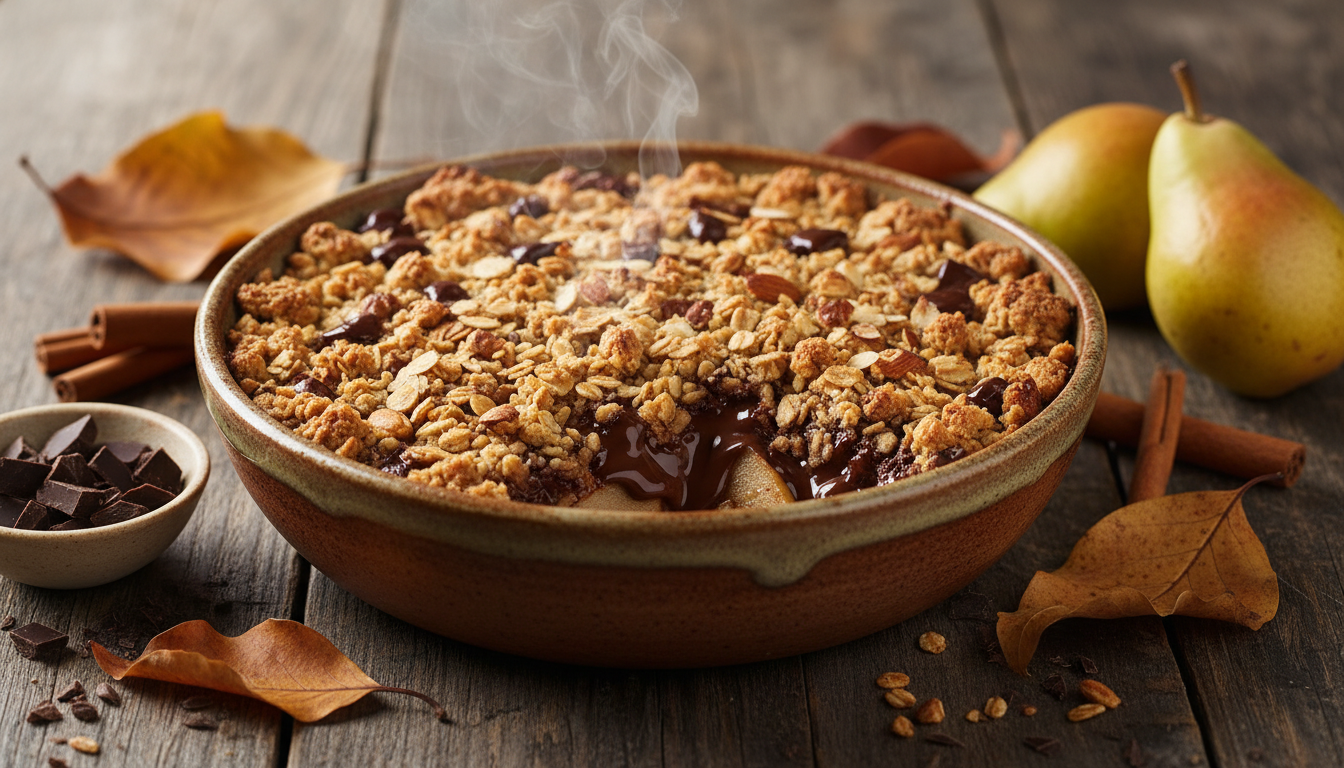 découvrez le crumble poires-chocolat fondant, un dessert hivernal incontournable qui mêle douceur et gourmandise, inspiré des recettes traditionnelles de grand-mère pour réchauffer vos soirées.