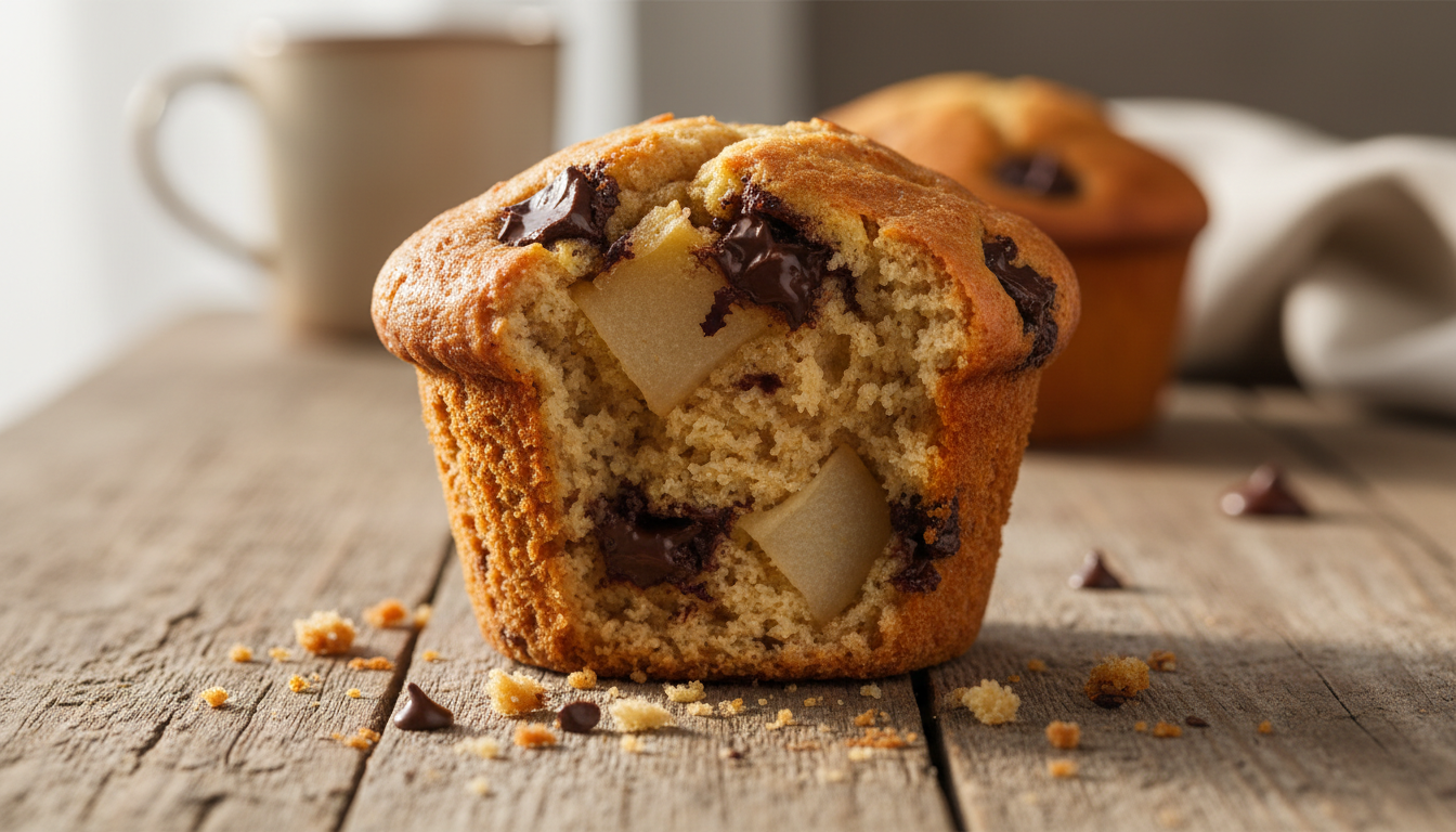découvrez le muffin maison poire-chocolat noir, moelleux et gourmand, qui séduit par son délicieux équilibre dès la première bouchée. une recette simple pour un plaisir intense.