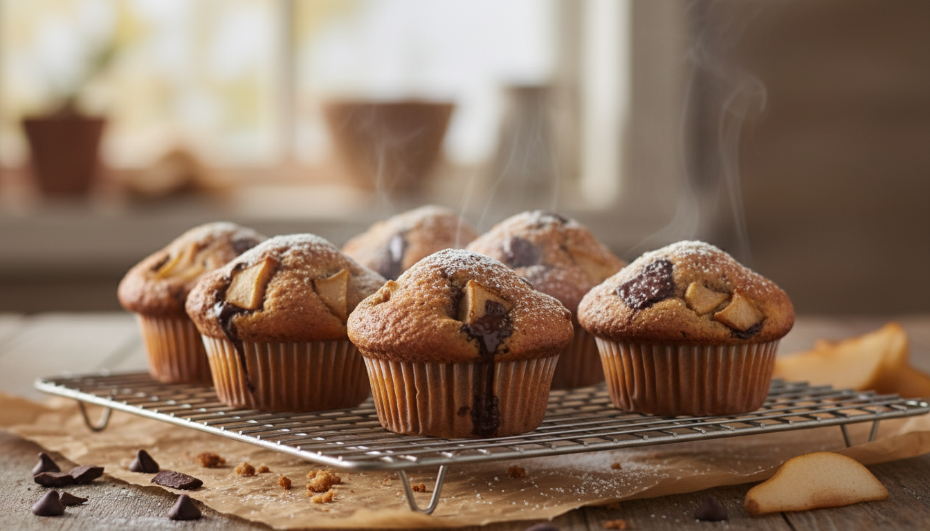 découvrez notre muffin maison poire-chocolat noir, moelleux et gourmand, qui séduit par son délicieux équilibre dès la première bouchée. parfait pour un moment de plaisir simple et raffiné.