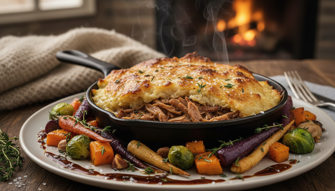 découvrez notre parmentier de canard confit hivernal, un plat réconfortant alliant légumes de saison et viande savoureuse pour un repas complet et chaleureux.