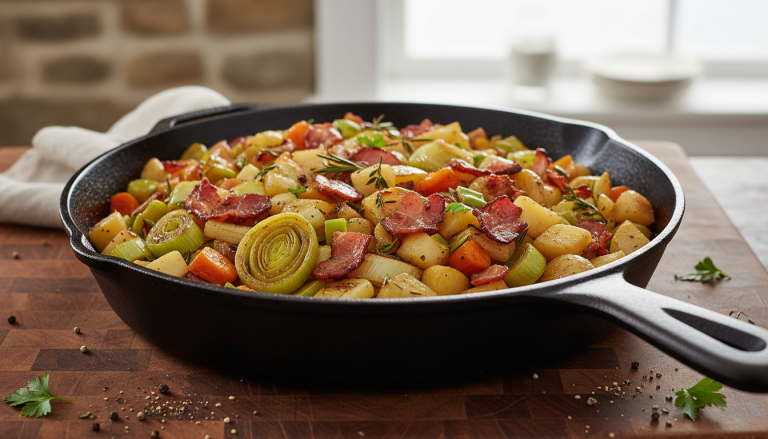 découvrez une poêlée hivernale réconfortante aux poireaux, pommes et lardons, une recette simple et fumée qui réunit toute la famille autour d'un repas chaleureux et savoureux.