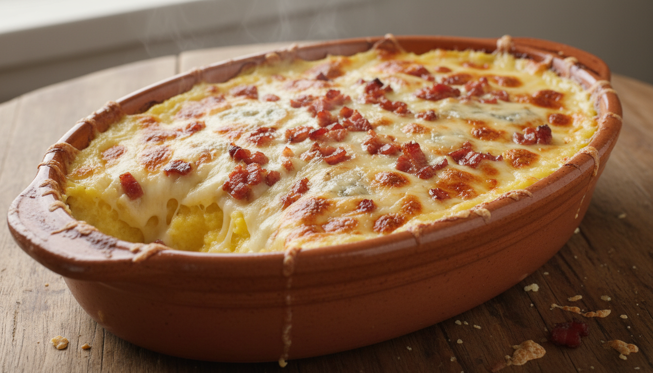découvrez une recette gourmande de polenta gratinée onctueuse au gorgonzola fondant et à la pancetta croustillante, un plat savoureux et réconfortant parfait pour toutes les occasions.