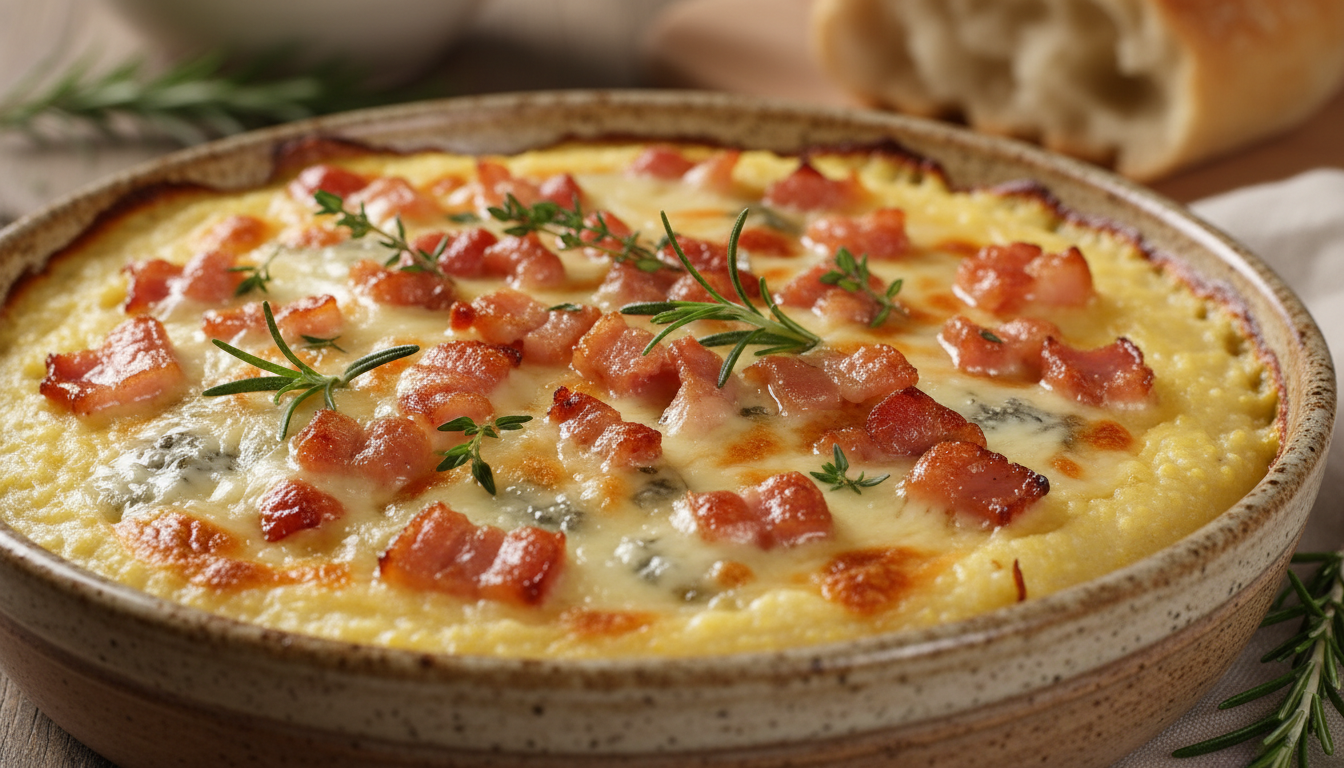 découvrez une recette gourmande de polenta gratinée onctueuse au gorgonzola fondant, accompagnée de pancetta croustillante pour un plat savoureux et réconfortant.