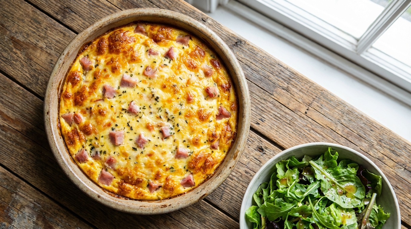 découvrez notre recette facile et healthy de quiche sans pâte ni gluten au jambon et gruyère, idéale pour un repas léger et savoureux.