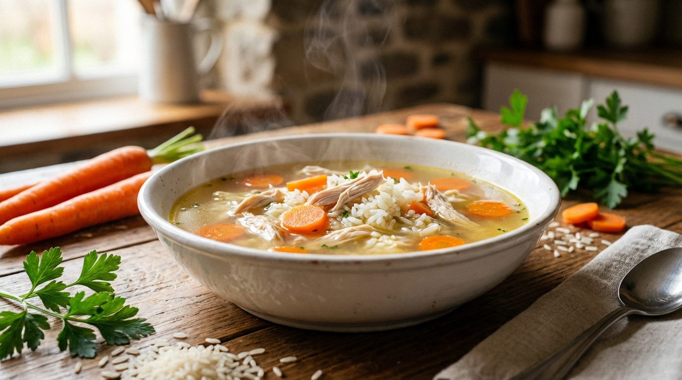 découvrez notre recette de soupe légère de poulet au riz et carottes, une préparation savoureuse et réconfortante, idéale pour réchauffer vos journées tout en restant équilibrée.