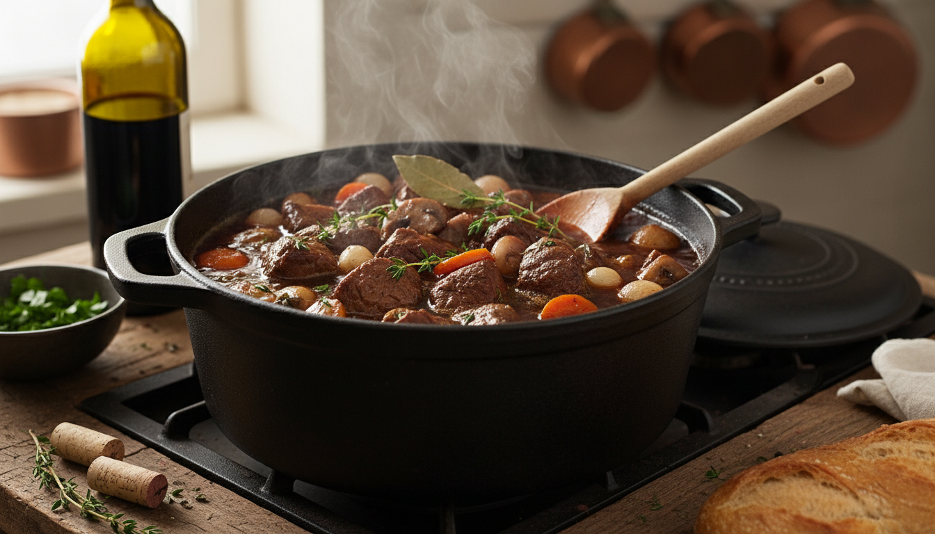 découvrez la recette du bourguignon maison, une parfaite harmonie entre un vin savoureux, une cuisson à feu doux et une viande fondante pour une explosion de saveurs inoubliable.