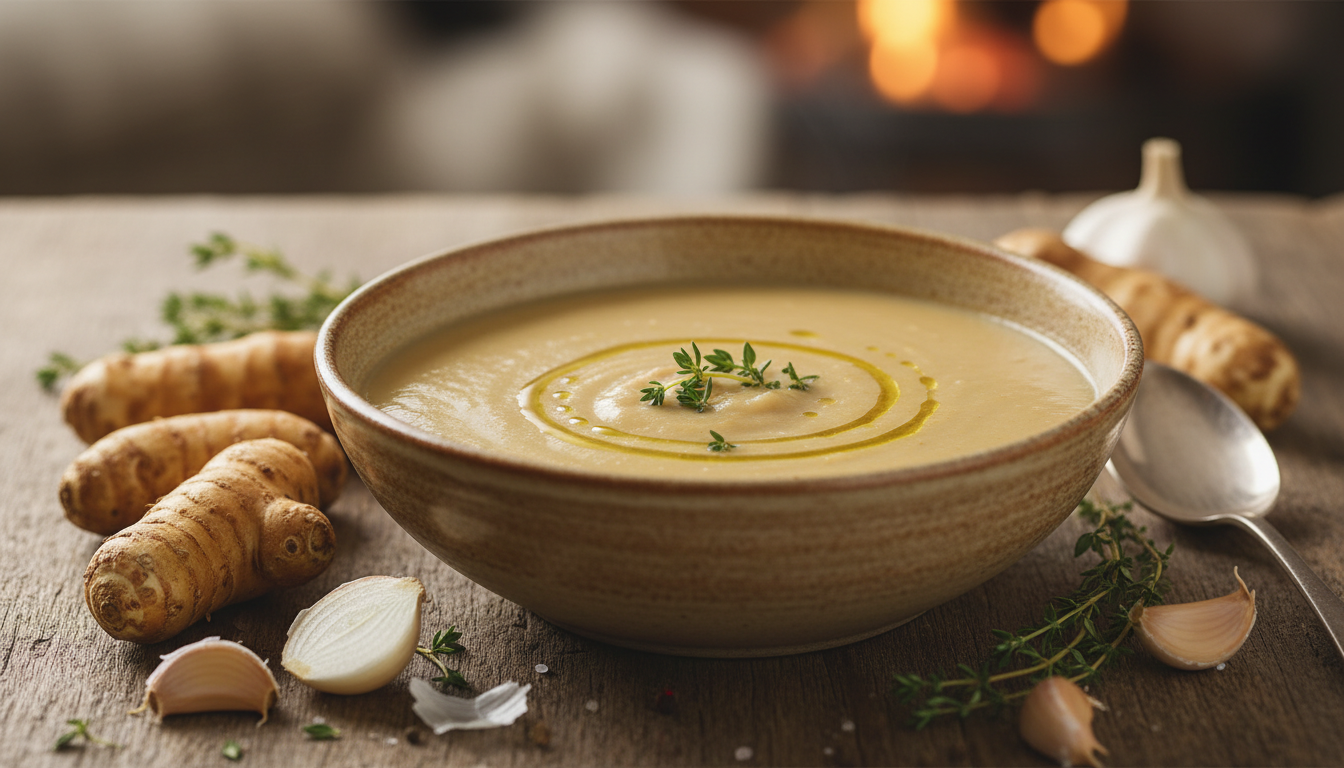 découvrez un velouté de topinambours onctueux et aromatique, idéal pour réchauffer vos soirées d'hiver avec douceur et convivialité.