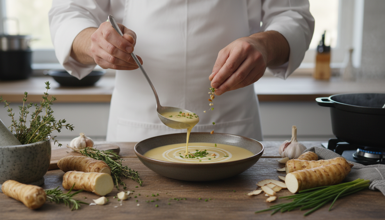 découvrez un velouté de topinambours onctueux et parfumé, parfait pour réchauffer vos soirées d'hiver avec douceur et convivialité.