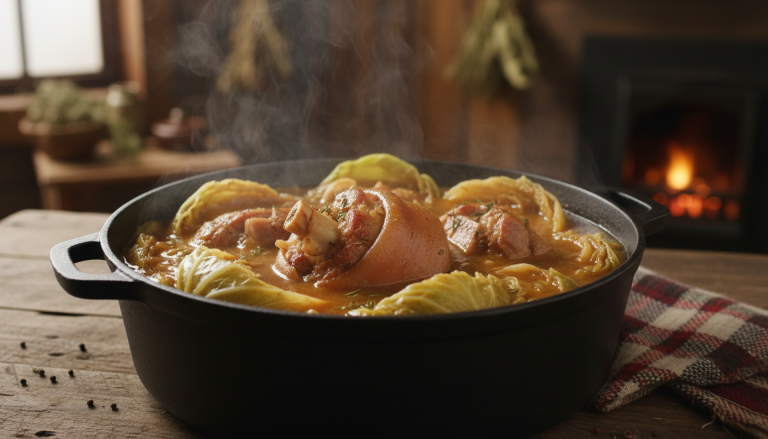 découvrez une potée mijotée en cocotte alliant la douceur du chou tendre et la saveur du jarret salé, un plat réconfortant parfait pour partager des moments chaleureux en hiver.