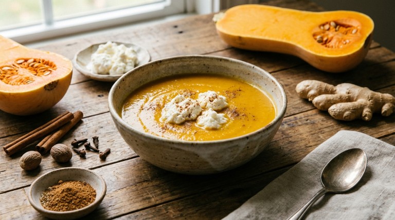 découvrez notre recette gourmande de velouté de butternut au fromage frais, relevé aux 4 épices. un plat réconfortant et savoureux à essayer chez vous pour régaler toute la famille.